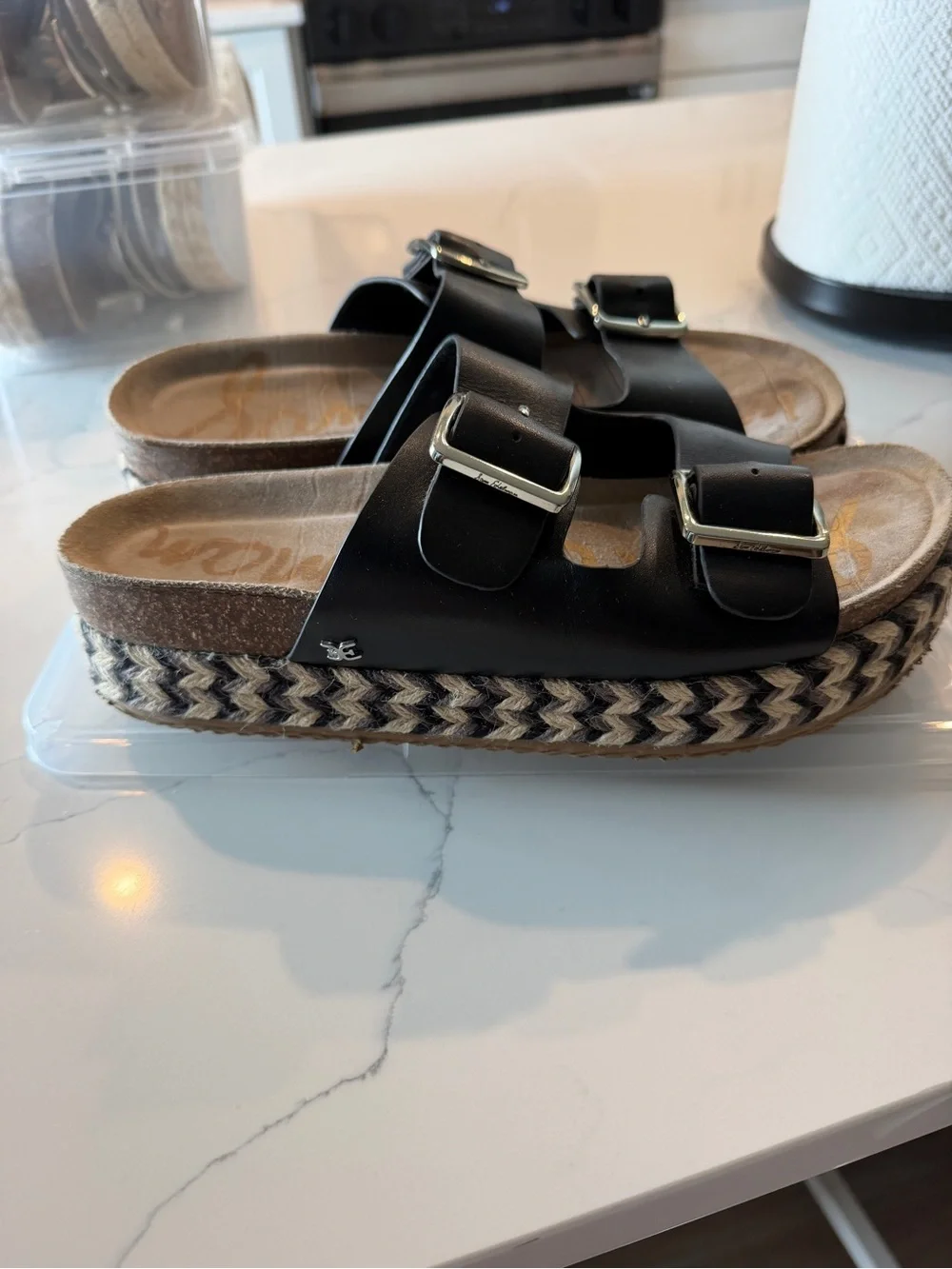 Sam Edelman black, leather double buckle woven espadrille  platform slides